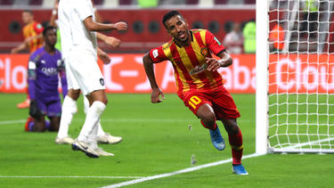 Hamdou Elhouni of Esperance Sportive de Tunis celebrates after he scores his third and his sides fifth goal during the FIFA Club World Cup 2019 5th place match between Al-Saad Sports Club and Esperance Sportive de Tunis at Khalifa International Stadium on December 17, 2019 in Doha, Qatar.