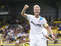 Oscar Hiljemark kan juichen tijdens het oefenduel Lierse SK - PSV Eindhoven. (20-07-2014)