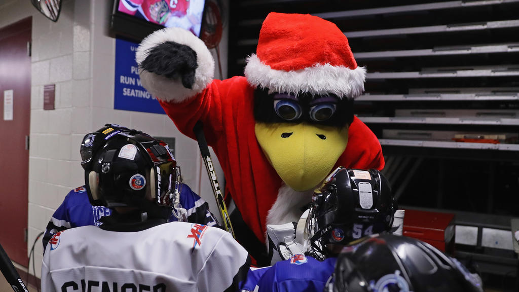 Maskottchen Tommy Hawk schlug sich mit einem Fan Maskottchen Tommy Hawk schlug sich mit einem Fan