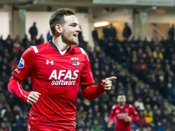 Met alweer zijn veertiende goal in het Eredivisie-seizoen opent Vincent Janssen de score voor AZ in het duel met Heracles Almelo. (13-02-2016)