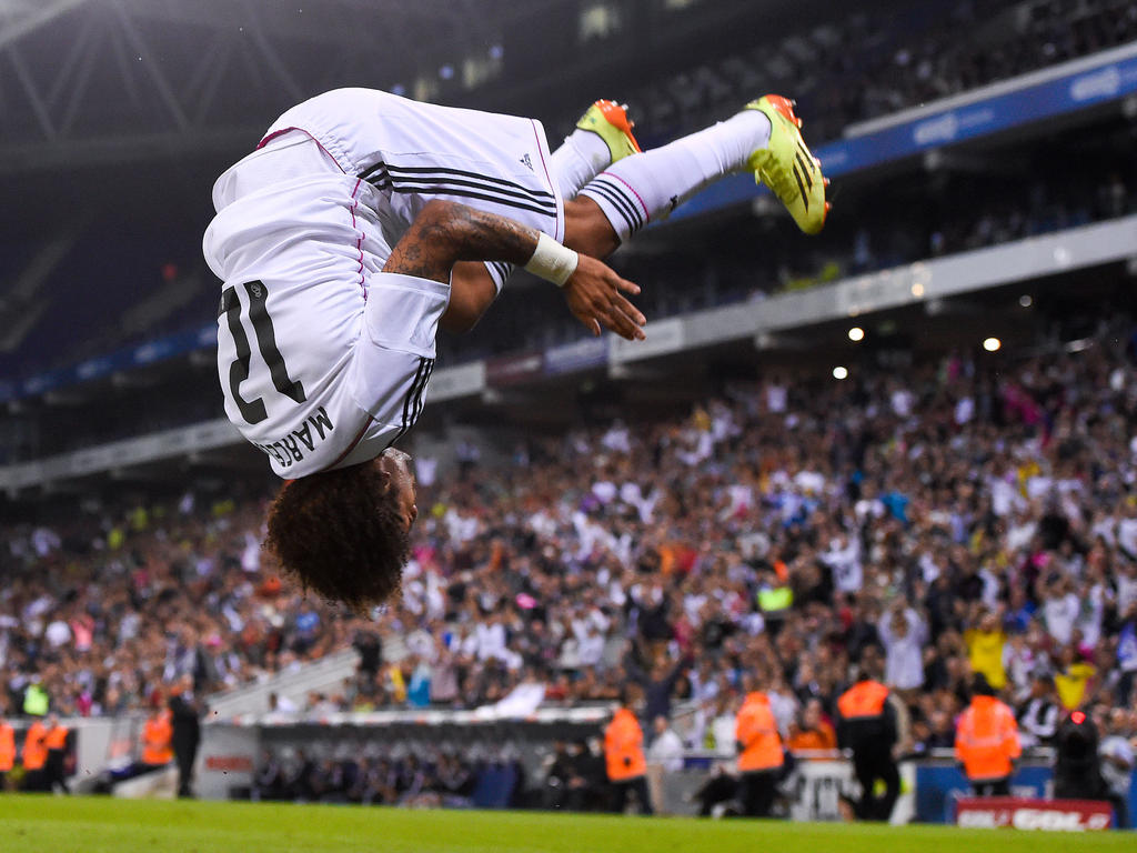 Real Madrids Marcelo feiert seinen Treffer per Salto