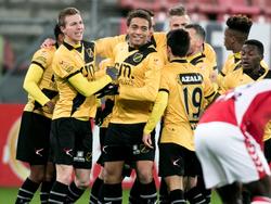 De spelers van NAC Breda vieren een doelpunt op bezoek bij Jong FC Utrecht. (16-01-2017)