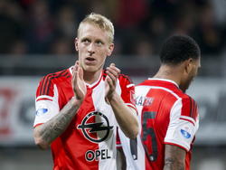 Lex Immers (l.) is blij met één van zijn twee treffers tijdens Excelsior - Feyenoord. (06-12-2014)