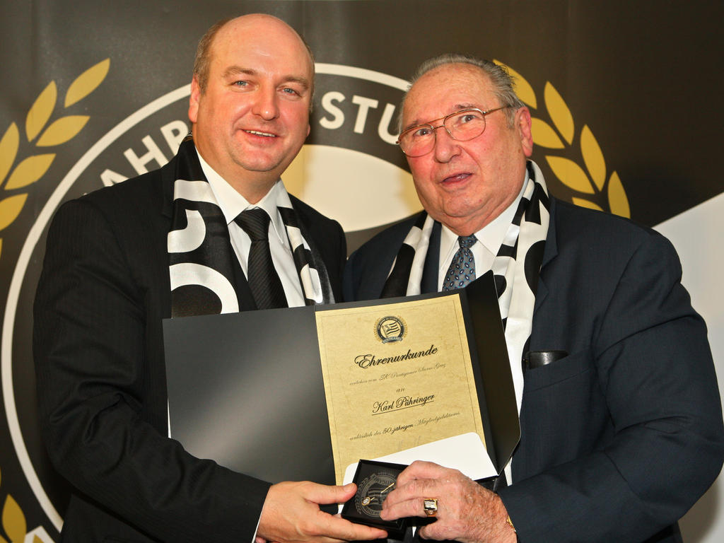 Karl Pühringer (r.) bei der 100-Jahre-Feier von Sturm Graz mit dem damaligen Klub-Präsidenten Hans Rinner (l.)