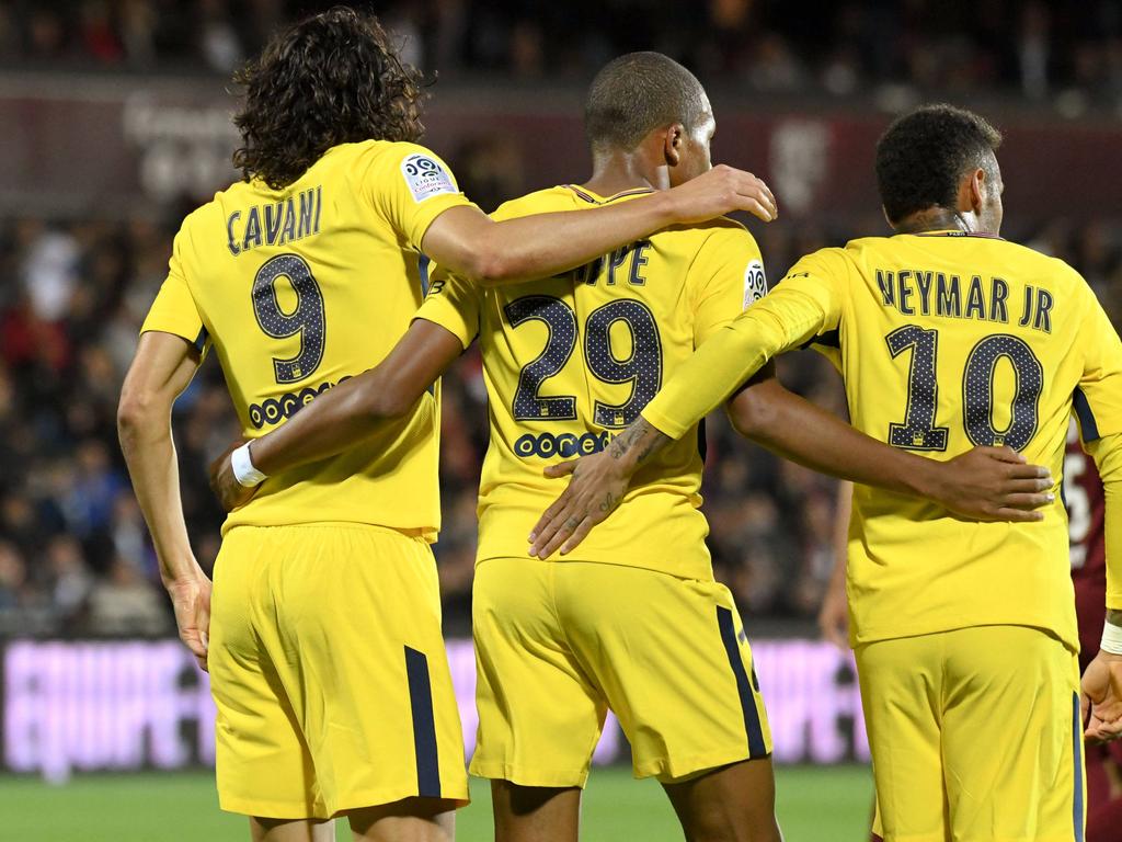 Das neue Wundertrio bei Paris: Edinson Cavani (l.), Kylian Mbappé (M.) und Neymar