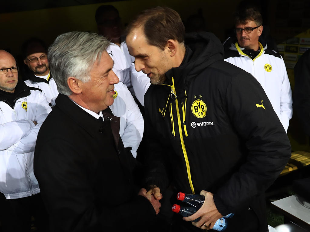Treffen sich im Halbfinale: Bayern-Trainer Carlo Ancelotti (l.) und BVB-Coach Thomas Tuchel