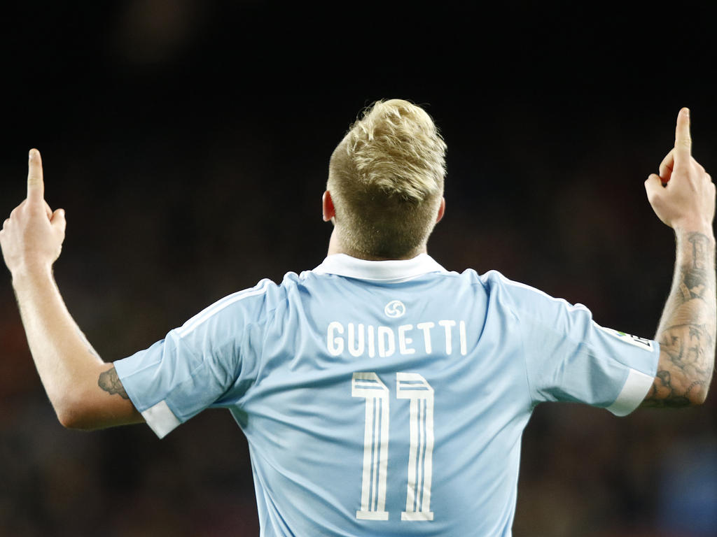 John Guidetti viert zijn doelpunt namens Celta de Vigo tegen FC Barcelona in de Spaanse competitie. (14-02-2016) John Guidetti viert zijn doelpunt namens Celta de Vigo tegen FC Barcelona in de Spaanse competitie. (14-02-2016)