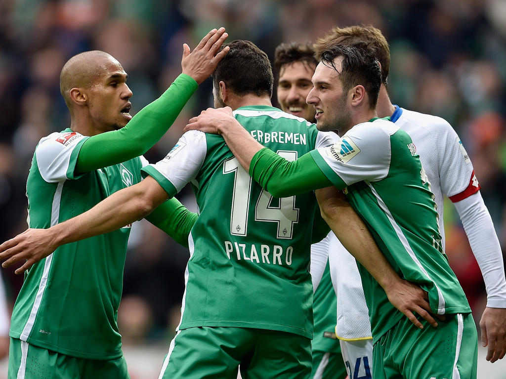Claudio Pizarro (Nr. 14) hat Werders Bundesliga-Torrekord eingestellt