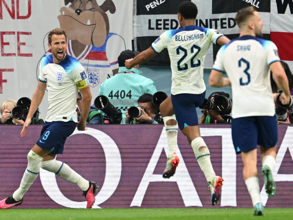 Englands Harry Kane (l) bejubelt sein Tor zum zwischenzeitlichen 1:1 gegen Frankreich.