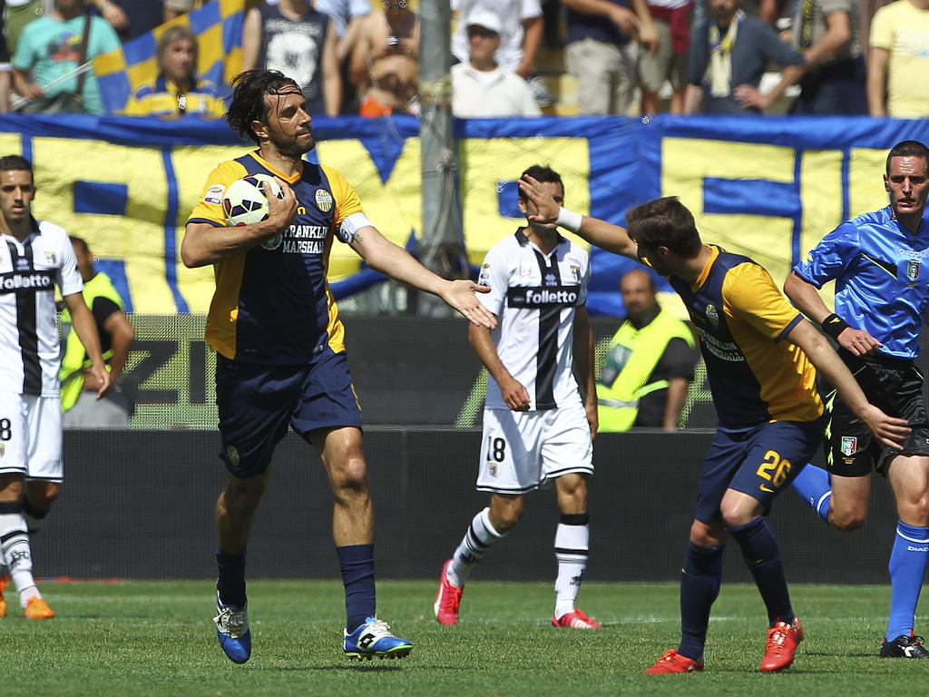 Luca Toni von Hellas Verona lässt sich für seinen Treffer gegen Parma beglückwünschen