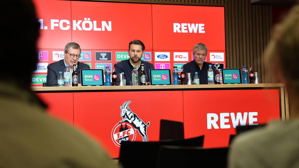 FC-Präsident Wolf, Sportdirektor Kessler, Trainer Funkel (v.l.)