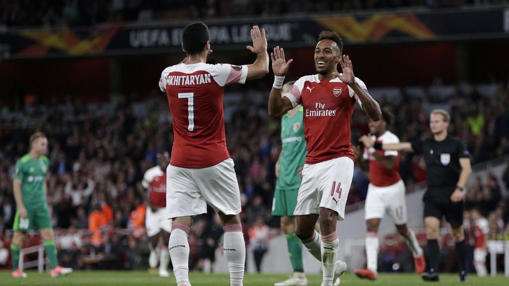 Die beiden Ex-Dortmunder Mkhitaryan und Aubameyang bejubeln den Arsenal-Heimerfolg