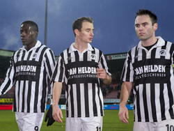 Frank Wiafe (l.), Tim Verhoeven (m.) en Thijs Hendriks (r.) balen na afloop van het competitieduel NEC Nijmegen - Achilles'29 (6-2). (07-12-2014)