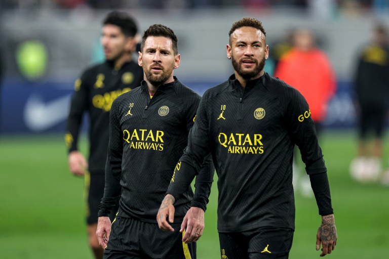 Lionel Messi and Neymar at a training session with their Paris Saint-Germain teammates in Doha on Wednesday