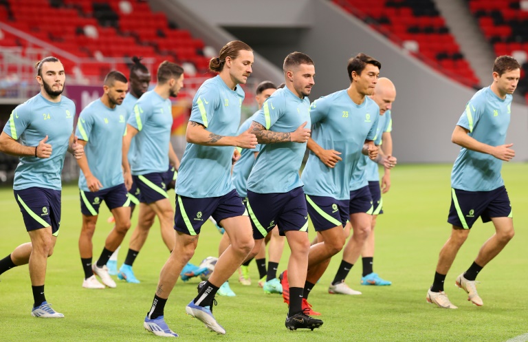 Australia's players take part in a training session in Qatar on the eve of their World Cup qualifier